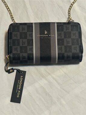 London Fog Black and Gray Logo Crossbody Wallet